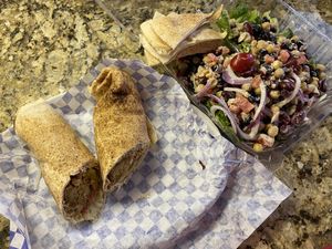 Falafel Sandwich and Mediterranean Three Bean Salad. Both Vegan, both delicious. Plus there enough for two meals! at Sammy's Mediterranean Cafe in Vero Beach