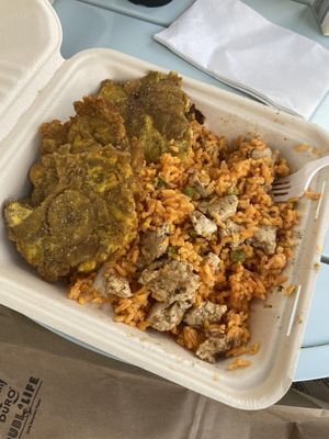 Arroz con “pollo” with tostones  at The Happy Vegan Bakers in Hialeah