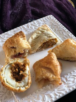 Papa Rellena, Guava, Apple and cheeze pastelitos, Beefless Empanadas.  at The Happy Vegan Bakers in Hialeah