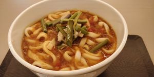 Curry udonburi (rice under the Udon noddles). 1190 yen at Vege Deli Kanna - Shokudo in Kyoto