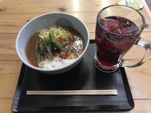 Curry soba-don with pomegranate juice  at Vege Deli Kanna - Shokudo in Kyoto