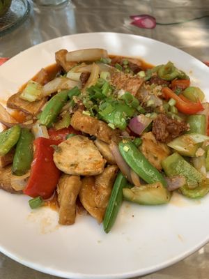 veggie meat stir fry at Seattle Lotus Vegetarian in Seattle