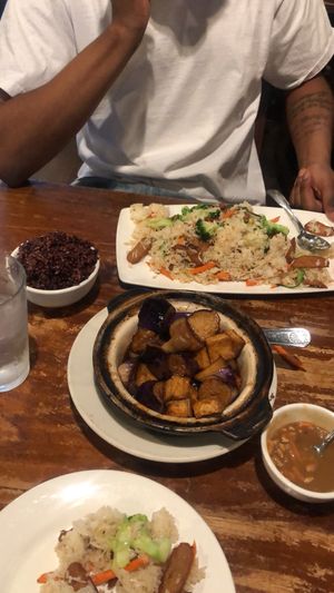 Clay pot egg plant with chicken fried rice at Seattle Lotus Vegetarian in Seattle