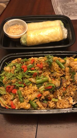 Lotus fried rice with spring rolls at Seattle Lotus Vegetarian in Seattle