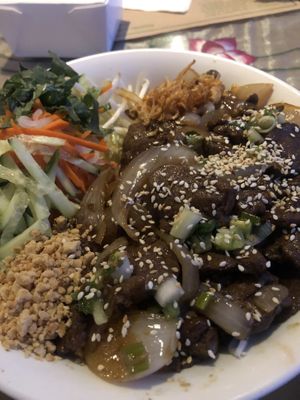 Stir fried rice noodle with beef at Seattle Lotus Vegetarian in Seattle