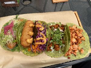 Veggie taco, fish less tofu, soy meat, potatoes at Tacogreen in Queretaro