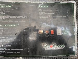 Menu at Tacogreen in Queretaro
