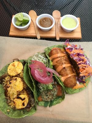 Veggiebond, Tofu-Fishless and Mole tacos at Tacogreen in Queretaro