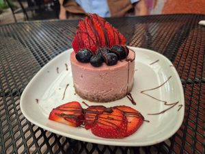 Delicious vegan strawberry cheesecake at Tacogreen in Queretaro