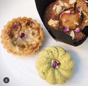 Vegan cakes! Matcha melting moments, caramel pear cake and frangipani, banana, date and earl grey tart. at Manmaru in Dulwich Hill