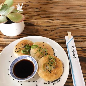 Vegan crispy mochi dumplings, filled with quinoa, cabbage and tofu. at Manmaru in Dulwich Hill