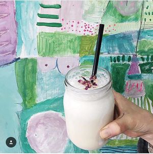 Lychee rose milkshake (vegan option available). at Manmaru in Dulwich Hill