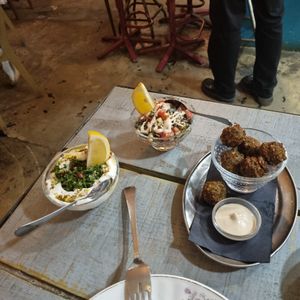 Falafel, salad and labneh (cream cheese) at Tantura in Lisbon