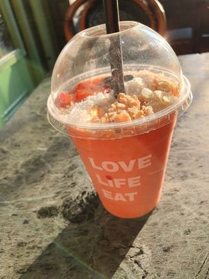 Delicious quencher but why the plastic cup? at Grounded Kitchen - Queens Rd in Leicester