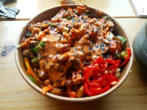 vegan Buddha bowl with peanut chilli sauce! at Grounded Kitchen - Queens Rd in Leicester