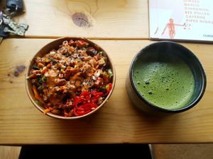 Buddha bowl with Matcha Focus Tea  at Grounded Kitchen - Queens Rd in Leicester