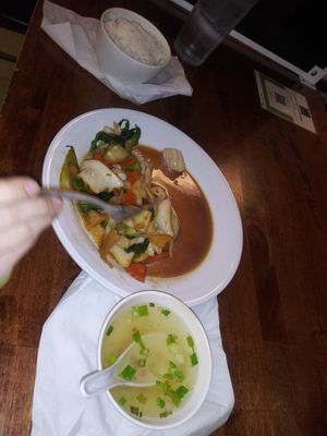 Veggie rice and broth you can add it anything you want whether it's meat seafood tofu or just keep it all vegetables it's absolutely delicious!! at Sticky Rice Cafe in Knoxville