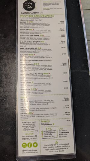 Menu with "options that can be made Vegetarian" clearly marked. at Sticky Rice Cafe in Knoxville