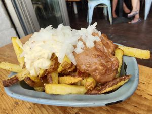 Jaaa so good. Friet oorlog. Dutch. Just aks for vegan mayo. at Project Social in Ibiza