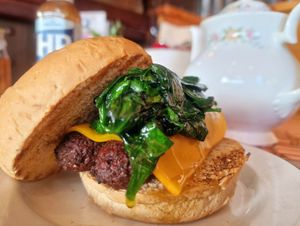 Vegy breakfast roll - vegan sausage, spinach, vegan cheese in a 100% spelt bun at Project Social in Ibiza