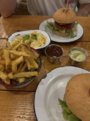 Beyond burger, fries, homemade vegan coleslaw   at Project Social in Ibiza