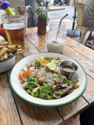 Vegan Asia Rice Bowl and vegan Cocktail (coconut waterfall)  at Project Social in Ibiza