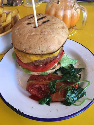 Beyond burger and freshly squeezed juice (with tomato and spinach from a veggie breakfast) at Project Social in Ibiza