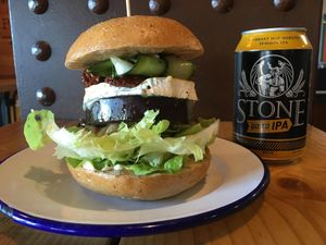 The Stacked Burger, courgette, grilled aubergine, courgette and sun dried tomatoes at Project Social in Ibiza