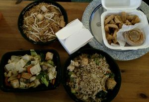 Pad Thai Woon Sen, Garlic Stir-Fry, Basil Fried Rice, Fried Tofu.  All veganized, all fantastic!!  Tell them you're vegan and they are very accomodating with ingredients. at Five Star Thai Cuisine in Crown Point