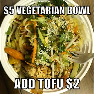 $5 vegetarian bowl, tons of veggies, choose noodles or rice, coconut curry, Thai peanut, Chinese spicy or hoisin sauce  at Nice Noodles in Omaha