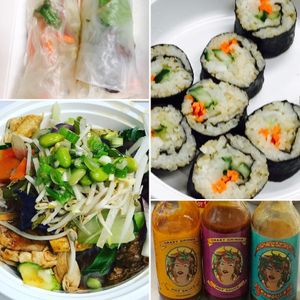 summer rolls (vegan) Gimbap sushi (vegan), vegetarian bowl, local hot sauce at Nice Noodles in Omaha