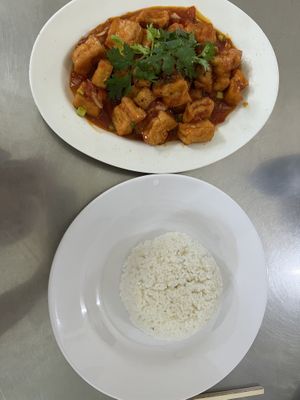 Tofu in tomato sauce with rice (probably the best tofu dish I’ve every had)  at Thanh Tinh - Quang Trung in Chau Doc