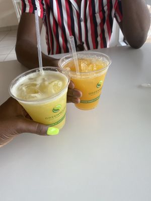 Pineapple ginger juice (yellow) & passion fruit juice (orange) both were delicious! They have chunks of pulp which make it taste even more refreshing and tasty!  at Bori Vegan in Guaynabo