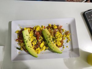 Tofu Scramble on hashbrowns topped w/ avocado at Bori Vegan in Guaynabo