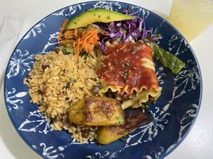 Lentil Lasagna, pigeon & rice and salad  at Bori Vegan in Guaynabo