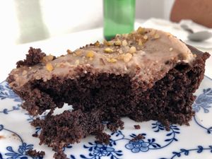 Chocolate cake: Not sweet enough. The frosting was okay, but the cake seemed dependent on the frosting to taste complete. It was better than the coqui cake. Not a decadent cake.  at Bori Vegan in Guaynabo