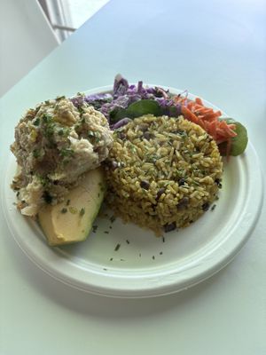 Stuffed avocado with vegan tuna (chickpea salad) and pigeon peas and rice    at Bori Vegan in Guaynabo
