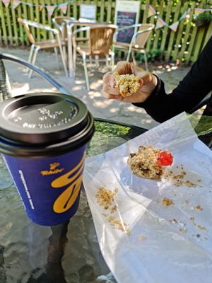 Soya coffee and a mostly eaten oat cake at Valley Gardens Tea Rooms in Saltburn-by-the-sea