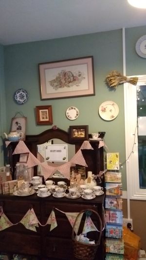 Our Gift corner with tea sets and other goodies for sale Inc beach toys   at Valley Gardens Tea Rooms in Saltburn-by-the-sea
