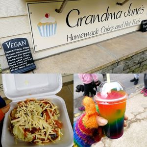 Ratatouille and vegan cheese jacket potato, rainbow slushie  at Grandma June's - Food Cart in Whitby