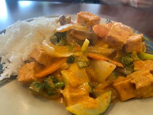 curry with rice and mixed veggies at 7 Asian Kitchen in Clyde