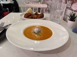 Tomato basil bisque - super delicious  at P.S. Kitchen in New York City