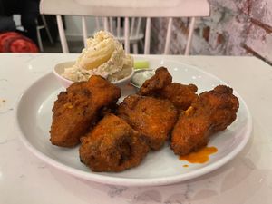 Buffalo Maitake Wings - spicy sauce but tasty  at P.S. Kitchen in New York City