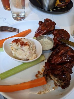 Bbq mushrooms with potato salad and blue 'cheese'dip. Delicious at P.S. Kitchen in New York City