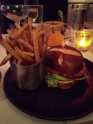 Sweet chili burger with fries at P.S. Kitchen in New York City
