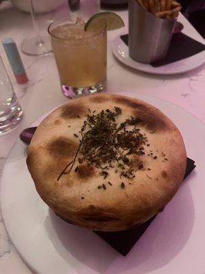 chicken pot pie (with a marg and truffle fries in the back)  at P.S. Kitchen in New York City