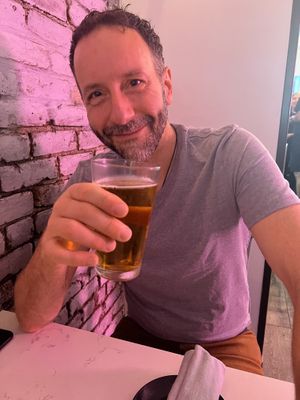 Hubby with delicious beer   at P.S. Kitchen in New York City