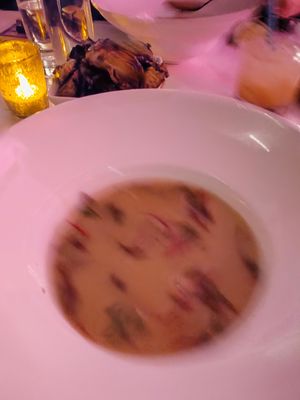 Blurry potato soup at P.S. Kitchen in New York City