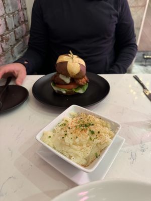 Mushroom burger & mashed potatoes   at P.S. Kitchen in New York City