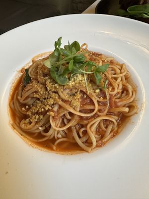 Linguini with Marinara Sauce (minus Spinach), and the crispy chicken     at P.S. Kitchen in New York City